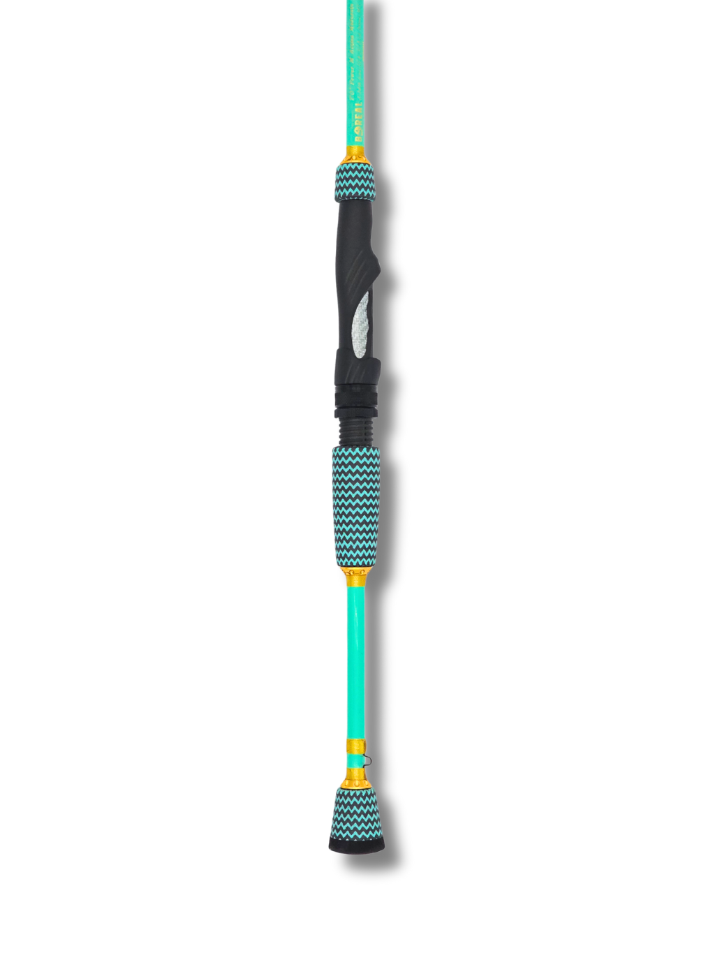 Poignée et talon de canne à pêche Les Cannes Boréal, grip texturé bleu et noir, accents or et blank turquoise.