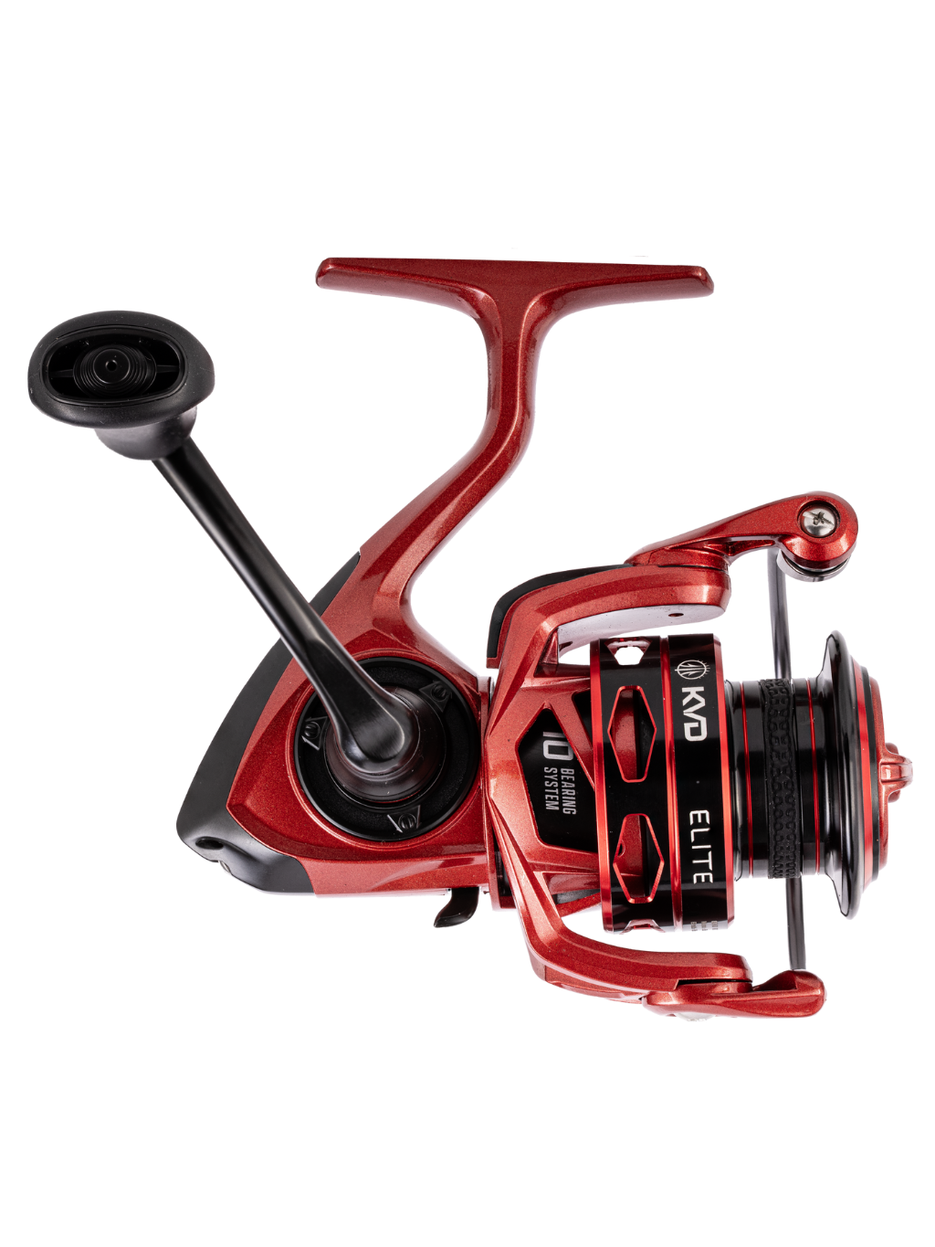 Moulinet de pêche spinning KVD Elite, vue latérale côté manivelle, finition rouge métallisée et composants de précision sur fond blanc.