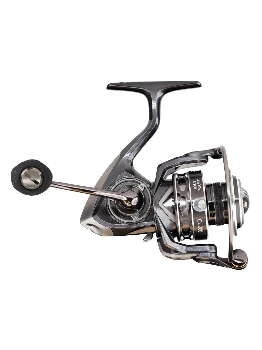 Moulinet Lew’s Custom Lite – vue latérale du côté poignée avec bouton EVA Pro, mettant en valeur son ergonomie et sa manivelle usinée en aluminium.