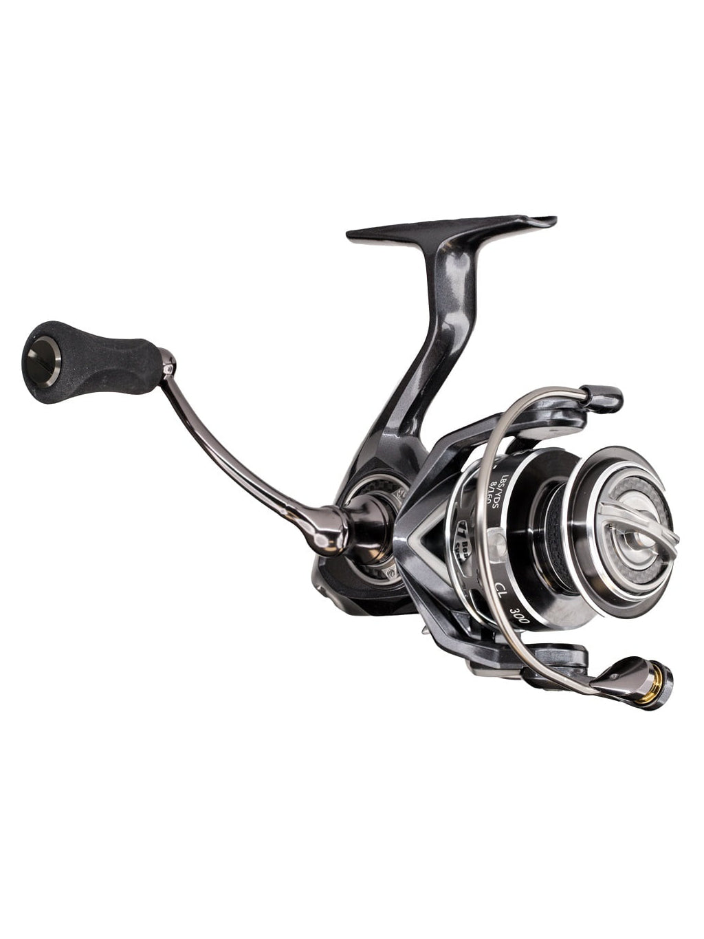 Moulinet spinning Lew’s Custom Lite – vue de biais montrant son design compact, sa finition soignée et sa construction légère en Tanso Tech.