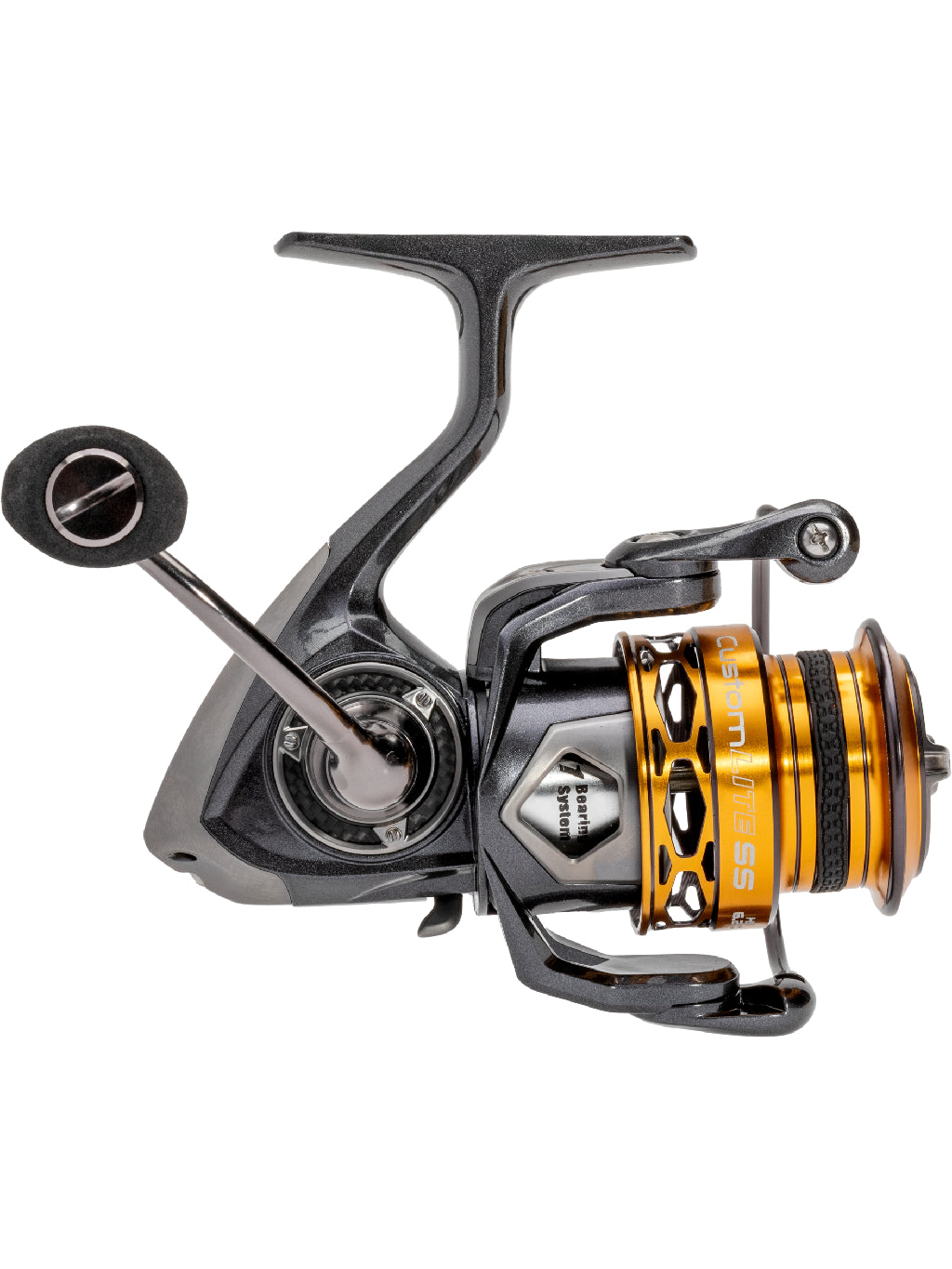 Moulinet Lew’s Custom Lite SS – vue latérale du côté poignée avec manivelle usinée et bouton EVA, conçu pour la finesse et la performance en récupération.