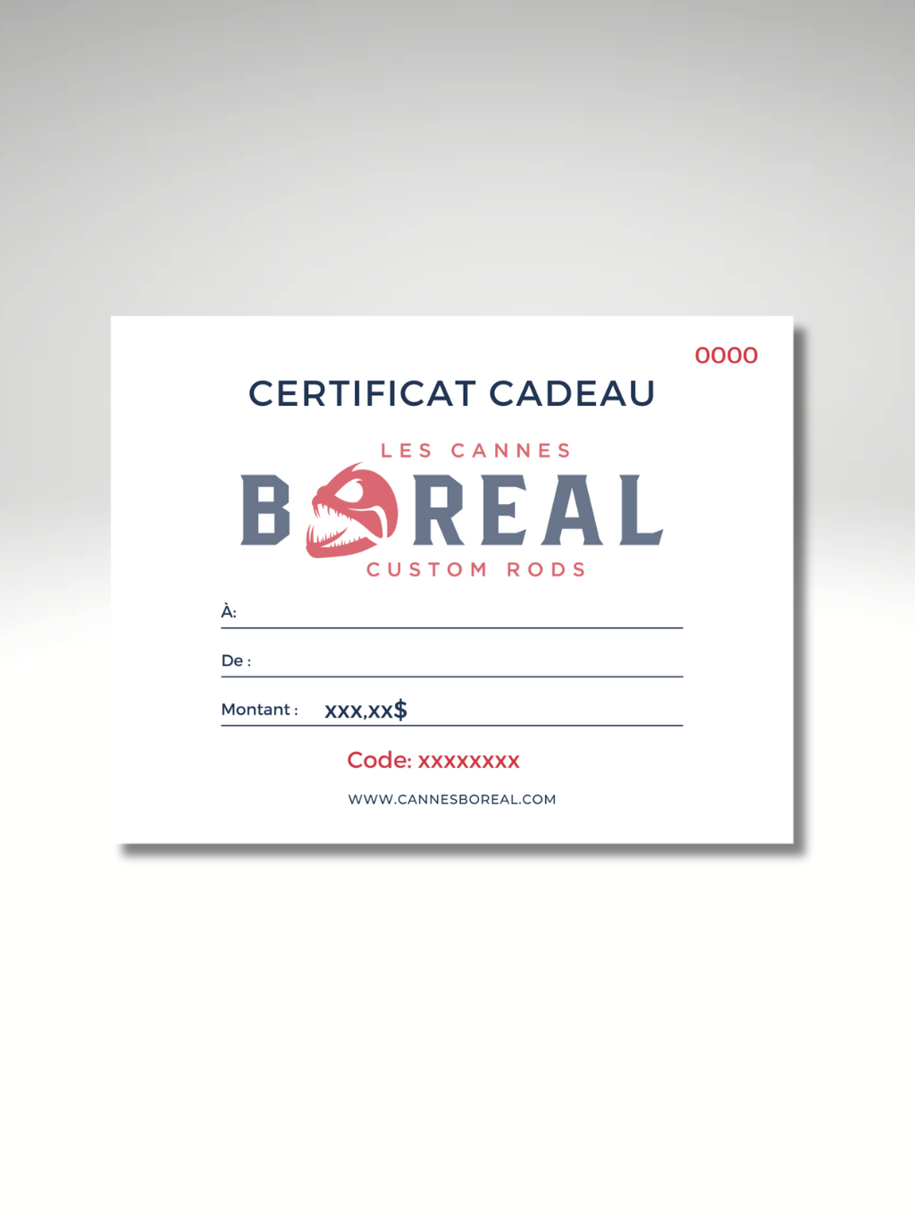 Certificat cadeau Les Cannes Boréal – visuel imprimable avec logo, montant personnalisable et code unique, parfait pour offrir du matériel de pêche sur mesure.