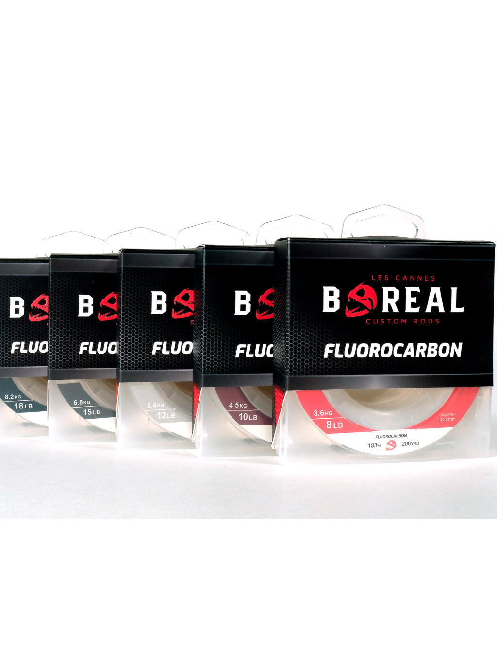 Lignes fluorocarbone par Cannes Boréal – assortiment de bobines de 8 à 20 lb, conçues pour solidité, discrétion et performance dans toutes les conditions.