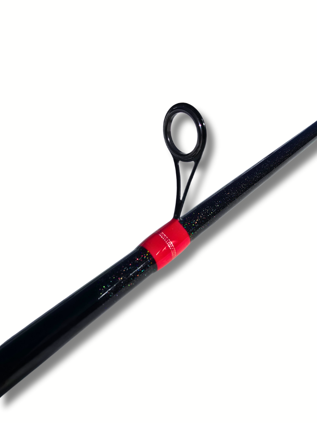 Détail du guide de la canne Eliminator – Miramichi Edition avec ligature rouge et finition noire scintillante.