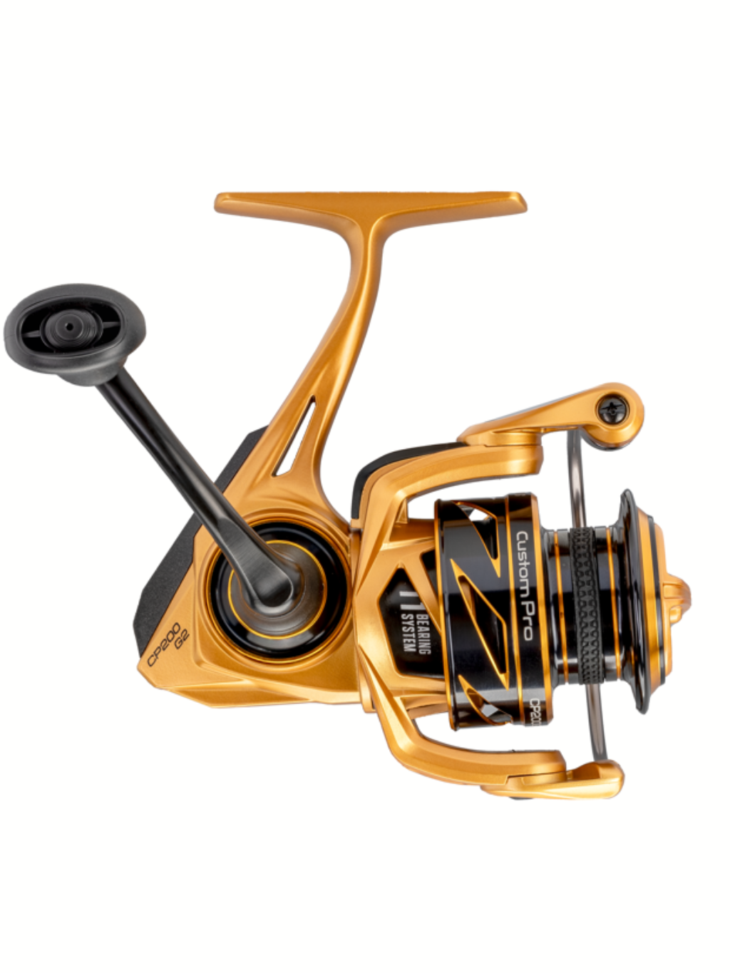 Moulinet Lew’s Custom Pro en finition or, vue de côté, haut de gamme et robuste