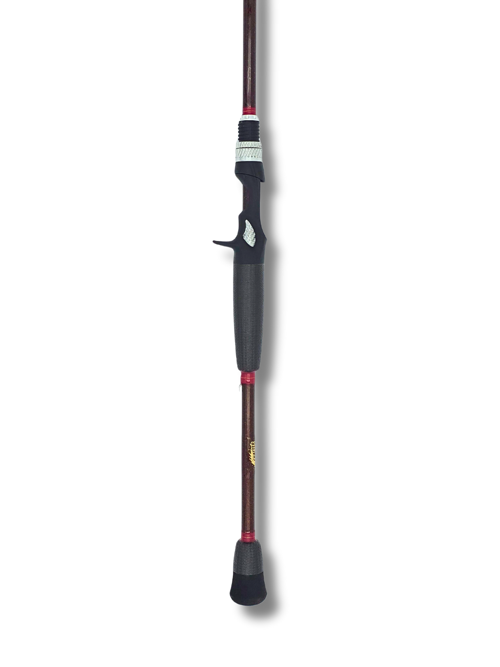 Vue complète de la canne Chatterbeast casting, finition brun métallique avec ligatures rouges et poignée ergonomique noire, conçue pour le chatterbait.