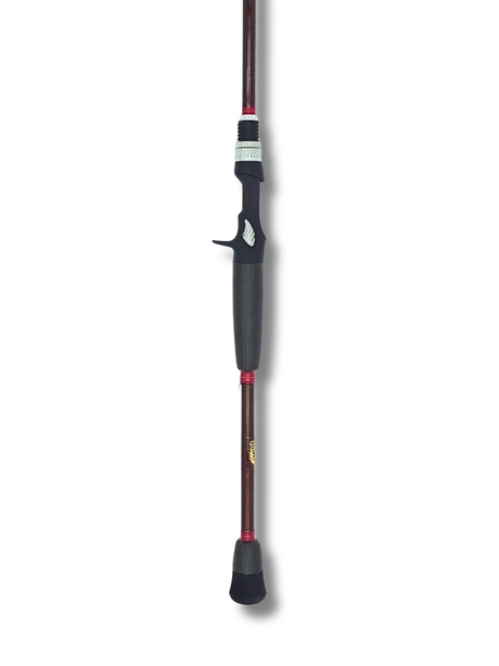 Vue complète de la canne Chatterbeast casting, finition brun métallique avec ligatures rouges et poignée ergonomique noire, conçue pour le chatterbait.