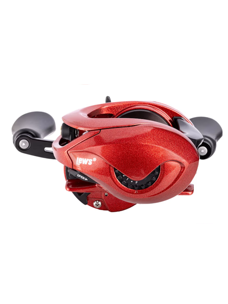 Moulinet casting Lew's KVD Elite rouge vue du côté du système de freinage magnétique.