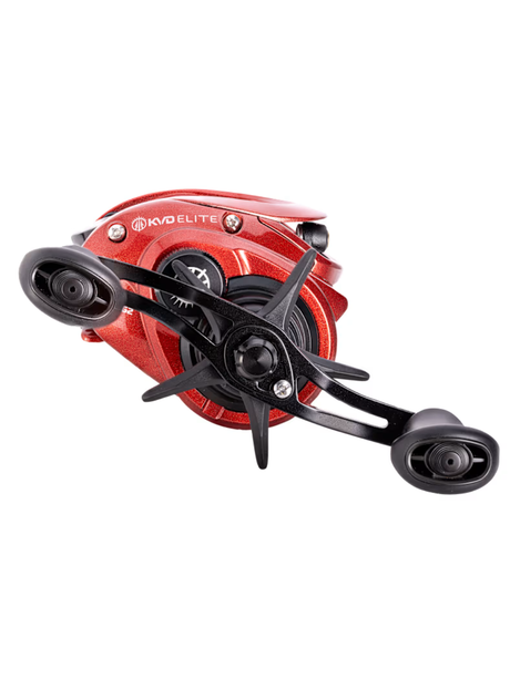 Moulinet casting Lew's KVD Elite rouge vue côté manivelle avec poignée double et étoile de frein.