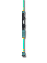 Poignée et talon de canne à pêche Les Cannes Boréal, grip texturé bleu et noir, accents or et blank turquoise.