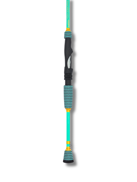Poignée et talon de canne à pêche Les Cannes Boréal, grip texturé bleu et noir, accents or et blank turquoise.