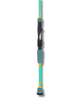 Poignée et talon de canne à pêche Les Cannes Boréal, grip texturé bleu et noir, accents or et blank turquoise.