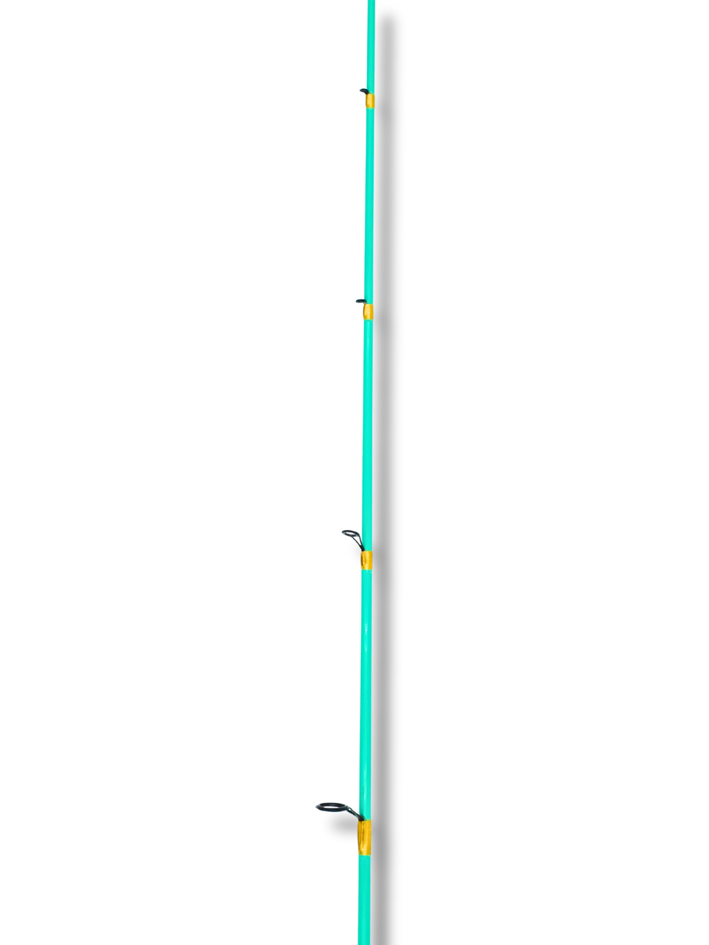 Vue complète de la canne à pêche turquoise et or Les Cannes Boréal, avec plusieurs guides et finition brillante.