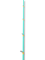 Vue complète de la canne à pêche turquoise et or Les Cannes Boréal, avec plusieurs guides et finition brillante.
