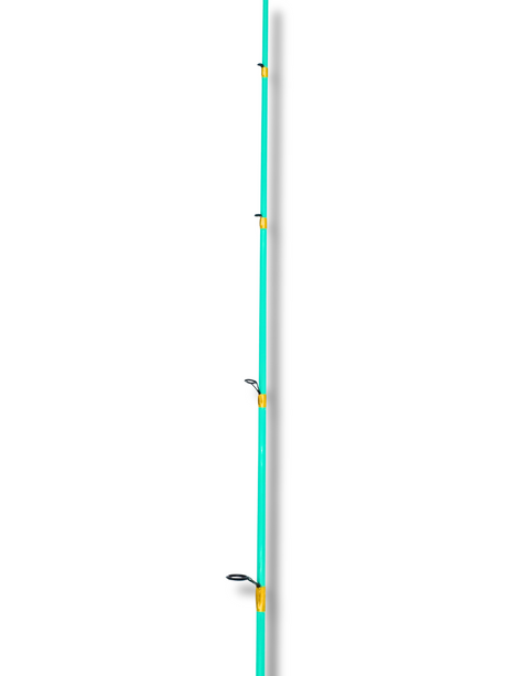 Vue complète de la canne à pêche turquoise et or Les Cannes Boréal, avec plusieurs guides et finition brillante.