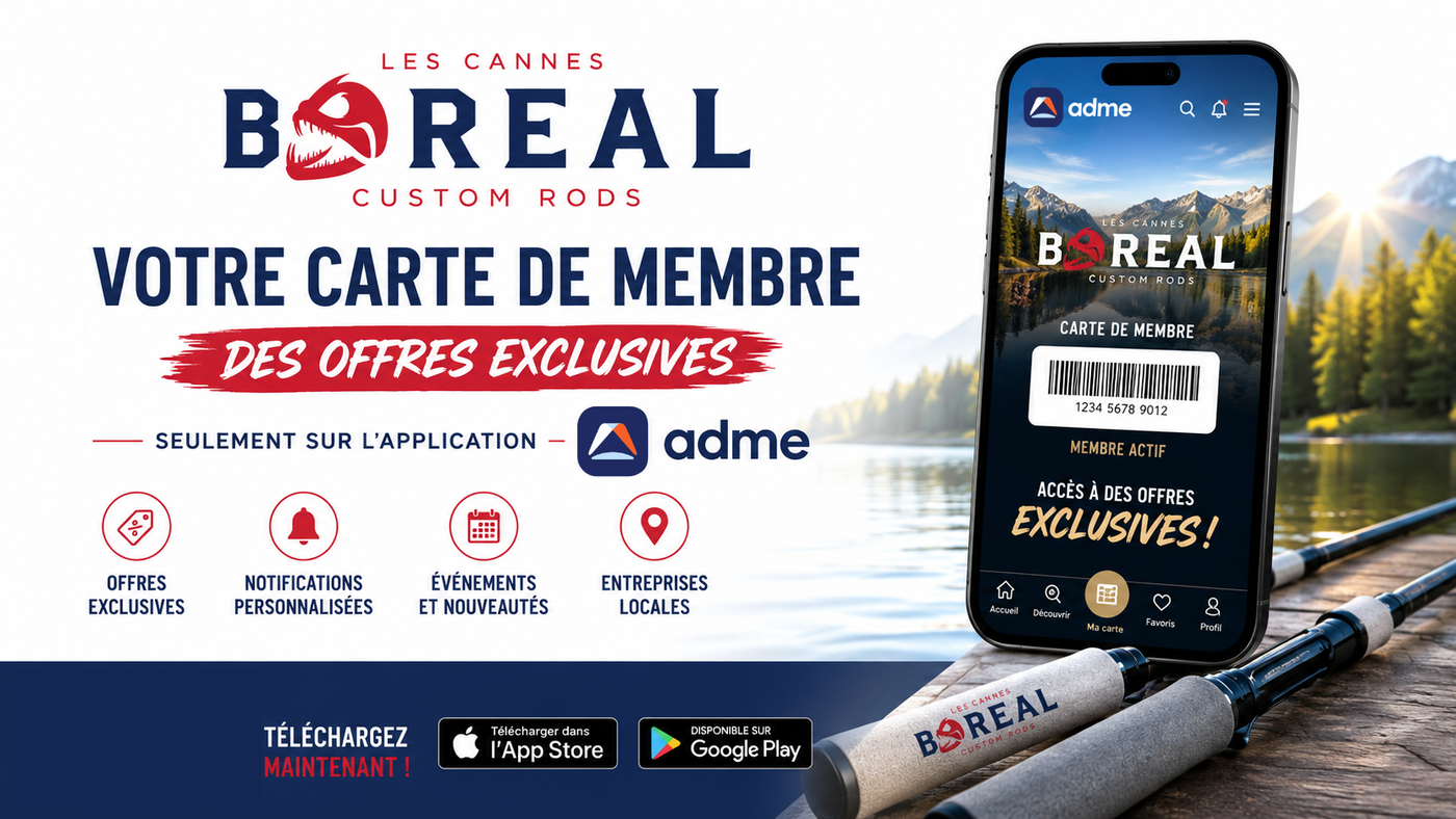 Carte de membre numérique Les Cannes Boréal sur l’application ADME avec accès à des rabais exclusifs, notifications personnalisées, événements spéciaux et avantages membres.