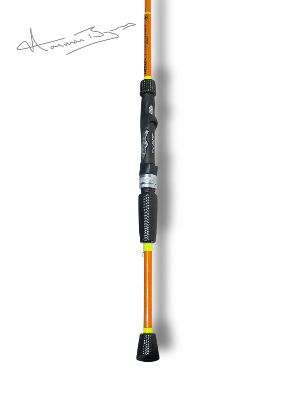 Canne Signature Norman Byrns Jig Vertical par Cannes Boréal – poignée de la version orange, conçue pour une sensibilité maximale en conditions classiques de pêche verticale.