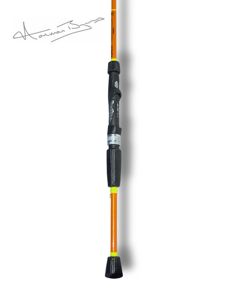 Canne Signature Norman Byrns Jig Vertical par Cannes Boréal – poignée de la version orange, conçue pour une sensibilité maximale en conditions classiques de pêche verticale.