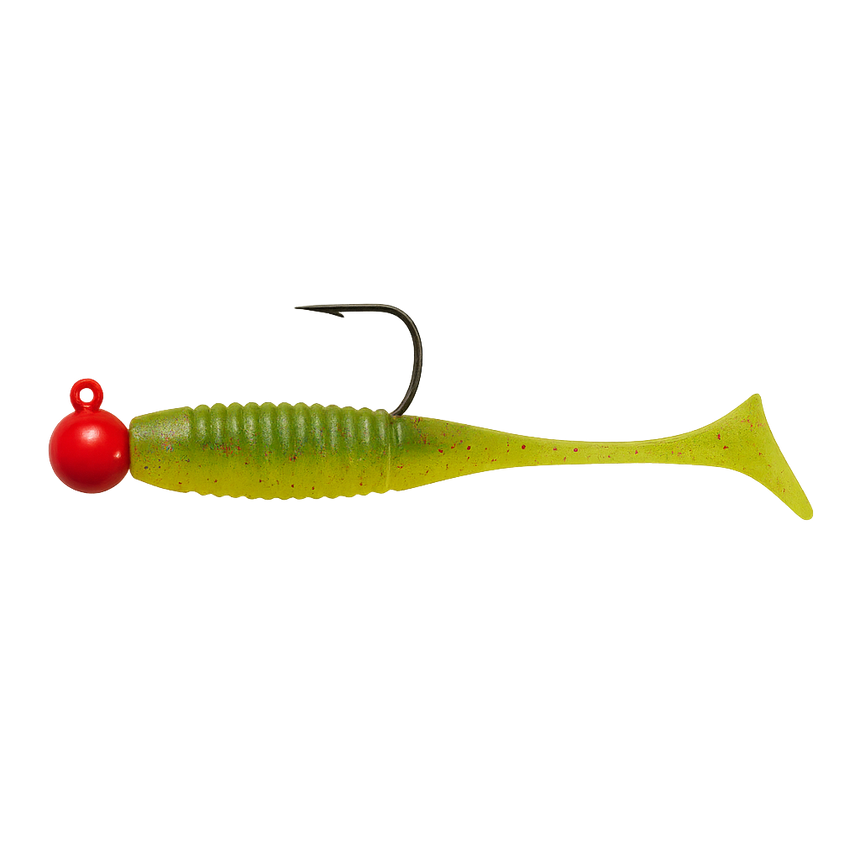 Jig tête plombée rouge avec leurre souple chartreuse, idéal pour la pêche du doré et de l’achigan.