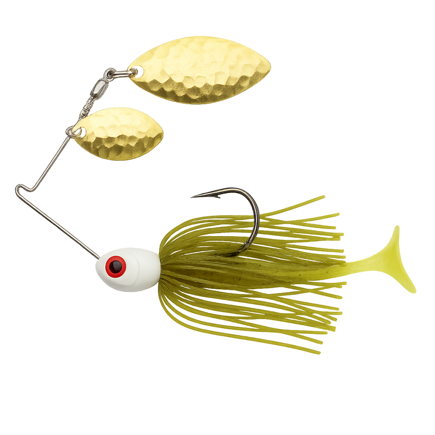 Spinnerbait double palette dorée avec jupe chartreuse, leurre polyvalent pour brochet et achigan.