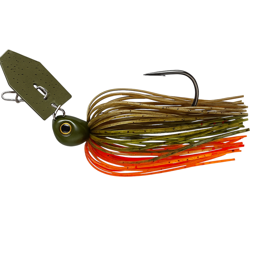 Chatterbait jupe verte et orange avec palette hexagonale, leurre vibrant pour brochet et achigan.